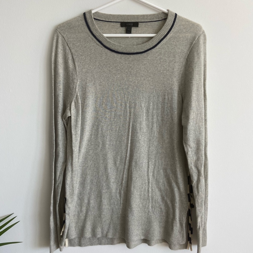 J. Crew light grey sweater with navy & white trim